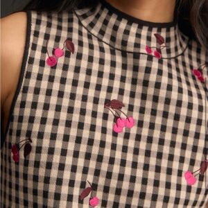 Mauve Gingham printed sweater tank w/ cherry embroidery